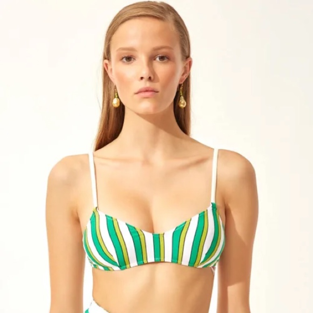 SOLID & STRIPED Green and White Striped Bikini Top